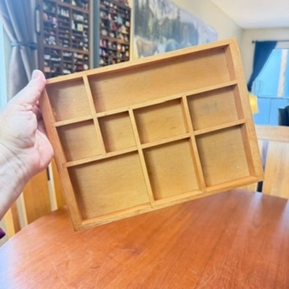 Wooden 9 Compartment Shadow Box Trinket Shelf Tray Natural Cottagecore Granny